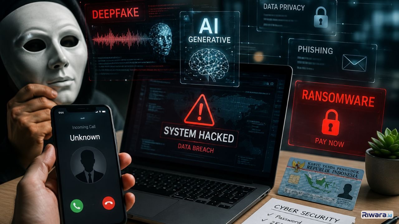 Ilustrasi ancaman deepfake phishing berbasis AI ransomware dan pencurian identitas digital yang kini semakin marak menyerang masyarakat UMKM hingga layanan digital di Indonesia
